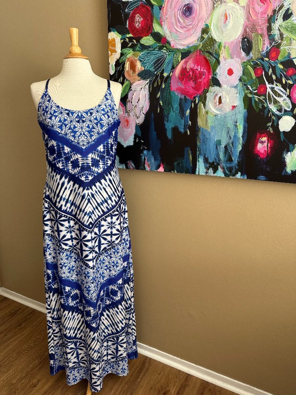 VENUS Blue Boho Maxi Dress S Tie Dye Geo Print Strappy Anthro/Free People Vibe